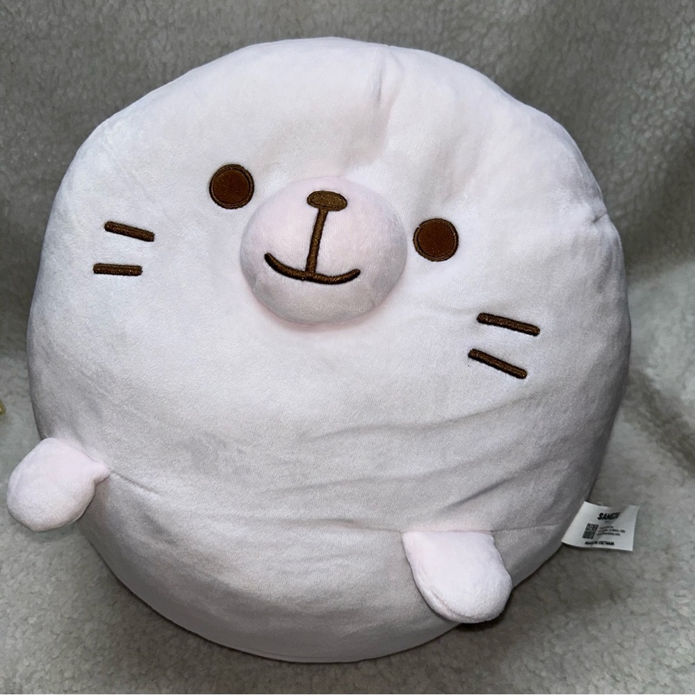 SAMEZU yummy pink seal plush 14" x 12" pastel plush embroidered brown face